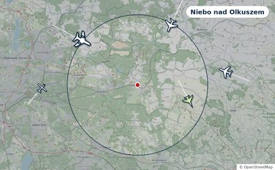 Mapa okolic miasta z sylwetkami samolotów — Niebo nad Olkuszem